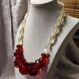 Huge Faceted Cherry Red Transparent Gold Micro Glitter Beaded Vintage Necklace
